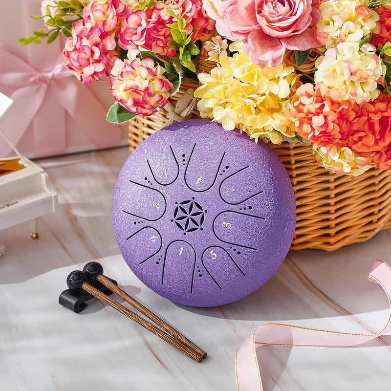 PUJONI Steel Tongue Drum, 6 Inch 8 Notes Percussion Instruments with Music Book, Mallets, Carry Bag, Finger Picks, Gifts for Beginners Musical Education & Adults Relaxation Meditation (Lavender) - Image 5